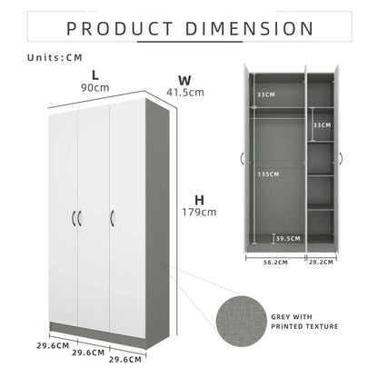 3 Door Wardrobe  (179cm)/ White Colour (L90cm x W42cm x H179cm)