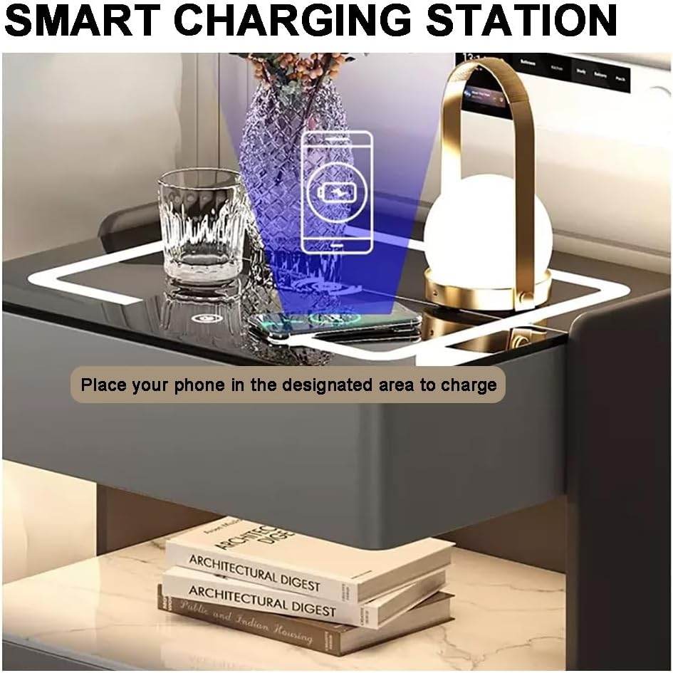 Smart Bedside Table with Wireless Charging Leather Nightstands - Thebrands