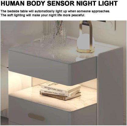Smart Bedside Table with Wireless Charging Leather Nightstands - Thebrands