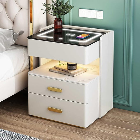 Smart Bedside Table with Wireless Charging Leather Nightstands