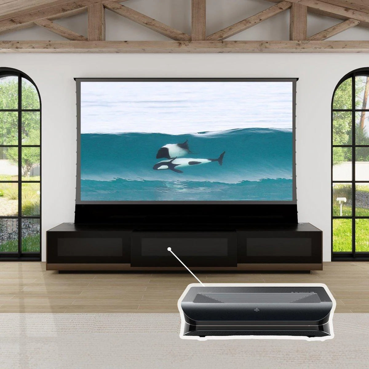 VIVIDSTORM Bundle - Projector & Screen & Motorised Laser TV Cabinet For LG Cine Beam HU Series