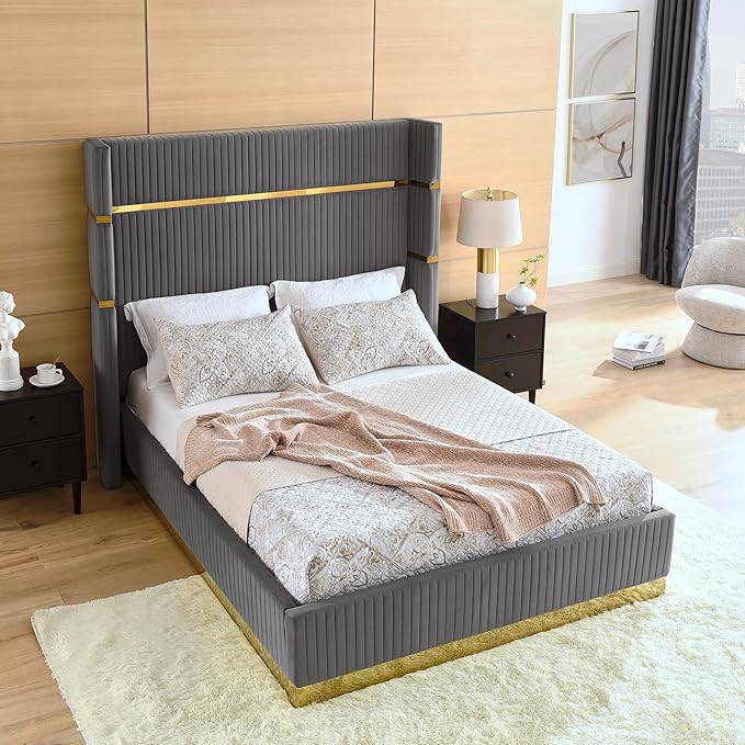 Queen Size velvet fabric Bed- Grey (152*190) P110