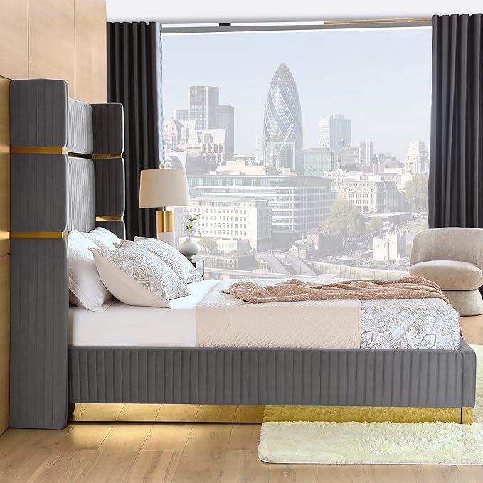 Queen Size velvet fabric Bed- Grey (152*190) P110