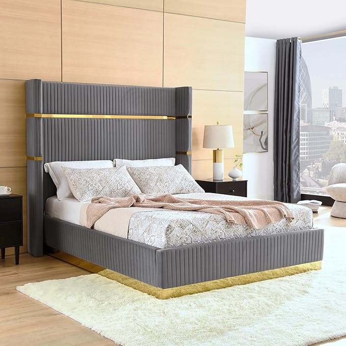 Queen Size velvet fabric Bed- Grey (152*190) P110