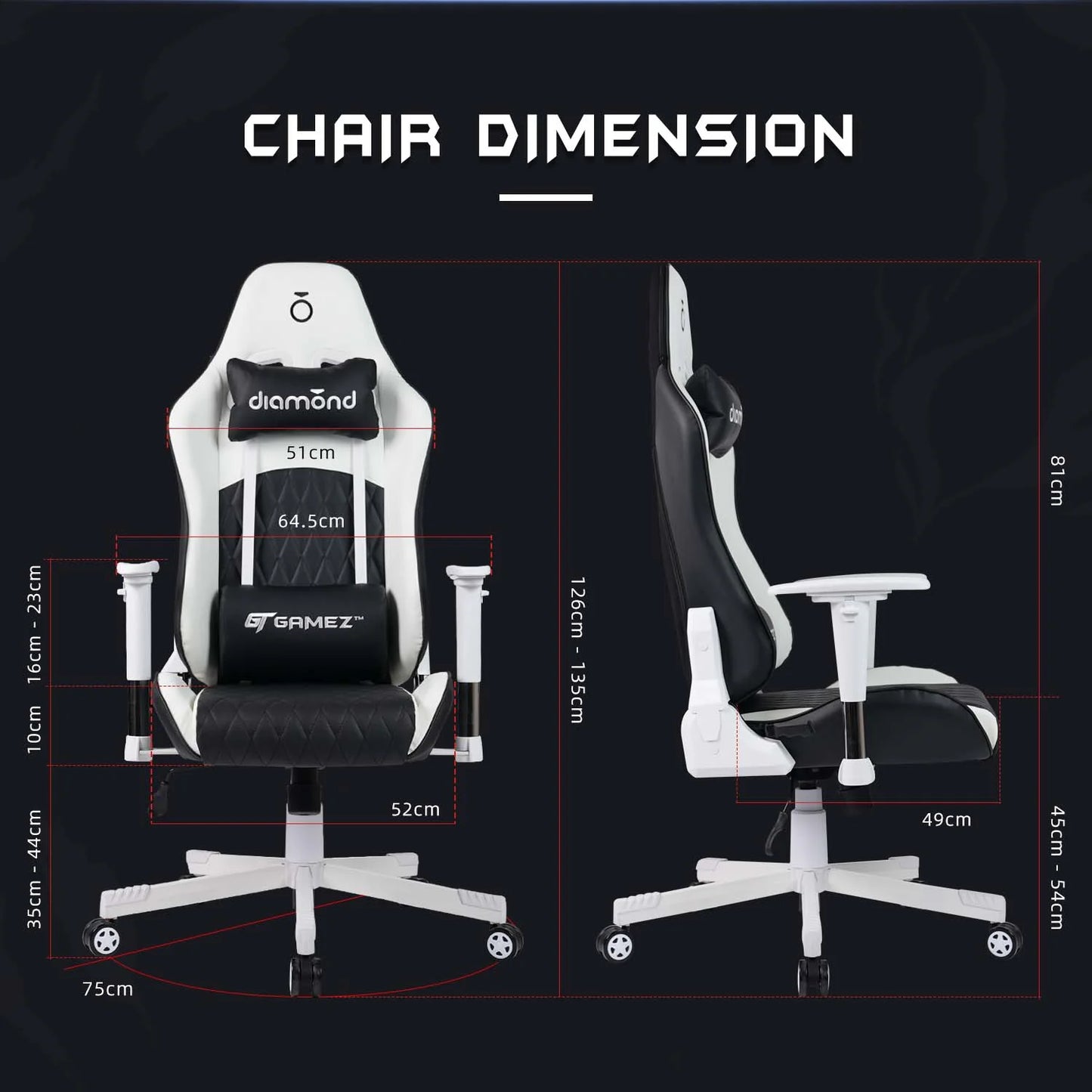 Gaming Chair with Ergonomic Design / Support Pillows  Black (126-135CM x 64.5CM x 75CM)