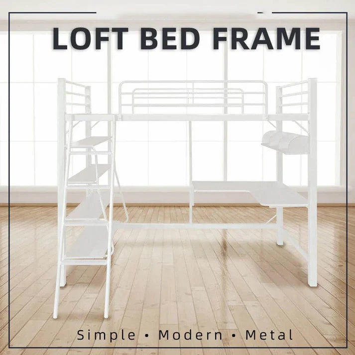 Metal Bunk Bed with Study Table and Shelves + Matress / L199 White