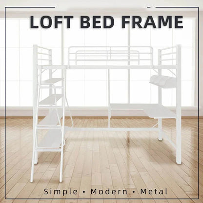 Metal Bunk Bed with Study Table and Shelves + Matress / L199 White