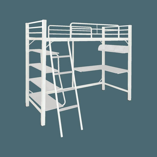 Metal Bunk Bed with Study Table & Shelves + Matress / L199 White - Thebrands