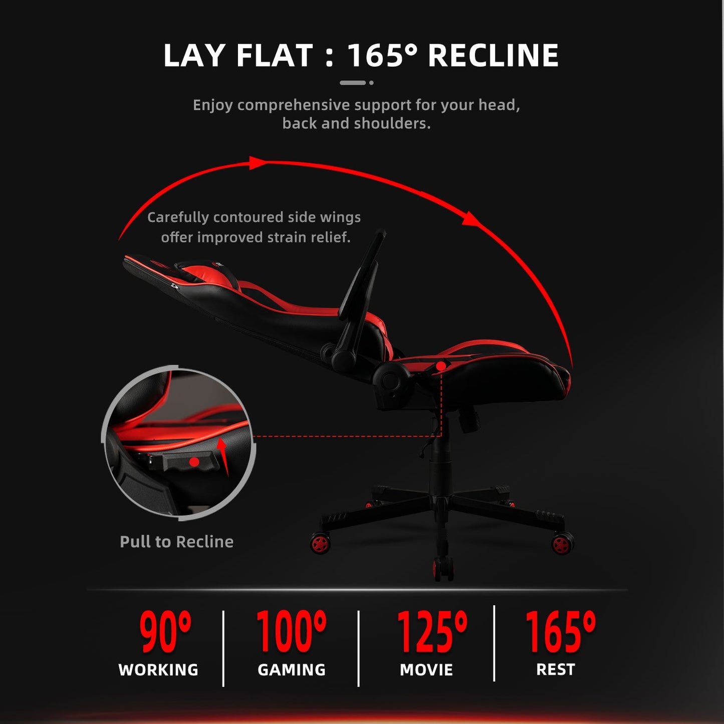 GAMING CHAIR, ERGONOMIC BACKREST, S. PILLOW - RED