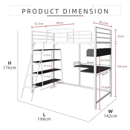 Metal Bunk Bed with Study Table and Shelves + Matress / L199 White