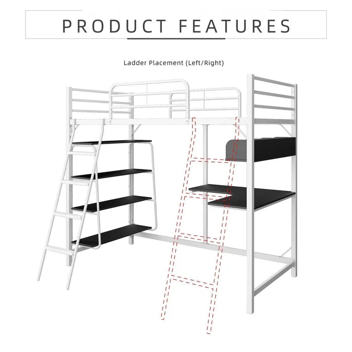 Metal Bunk Bed with Study Table and Shelves + Matress / L199 White
