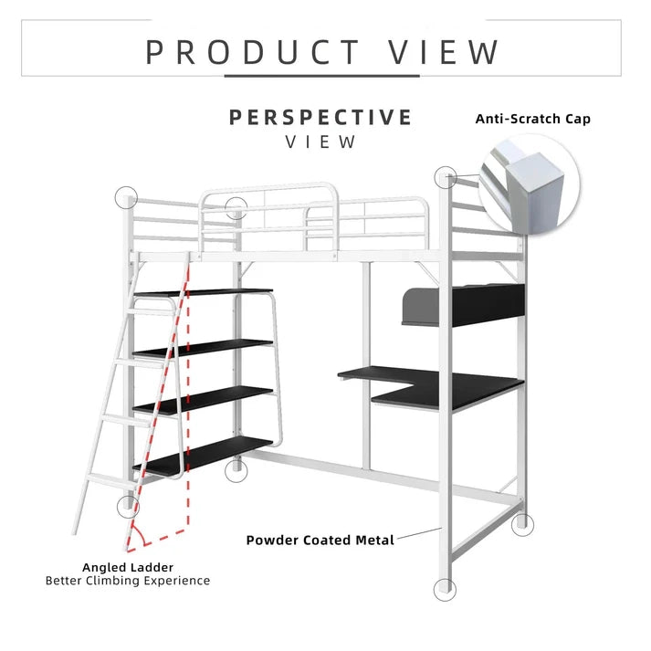 Metal Bunk Bed with Study Table and Shelves + Matress / L199 White