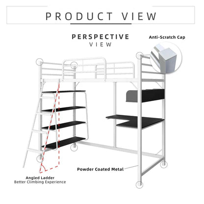 Metal Bunk Bed with Study Table and Shelves + Matress / L199 White