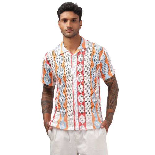 Orange Crochet Stripe Printed Shirt