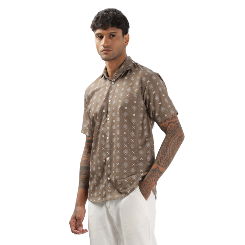 Dusty Brown Monogram Pattern Printed Shirt