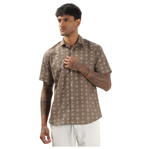 Dusty Brown Monogram Pattern Printed Shirt