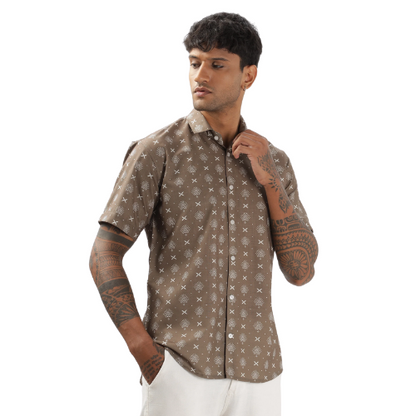 Dusty Brown Monogram Pattern Printed Shirt