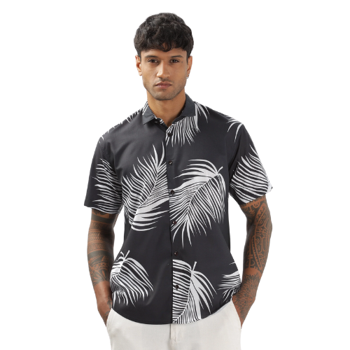 Black Palm Leaves Printed Shirt