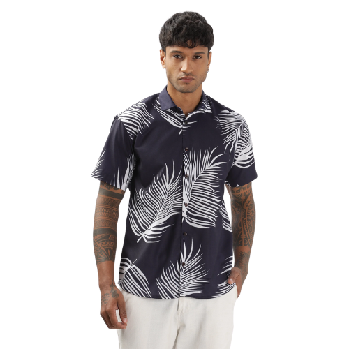 Navy Palm Leaves Printed Shirt