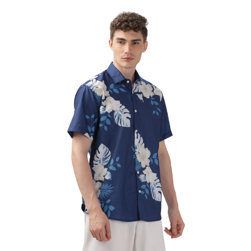 Blue With White Leaves Half Sleeve Printed Shirt For Men