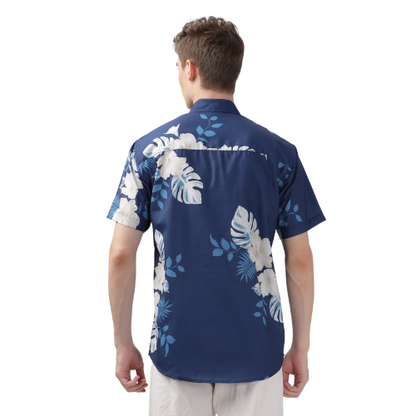 Blue With White Leaves Half Sleeve Printed Shirt For Men