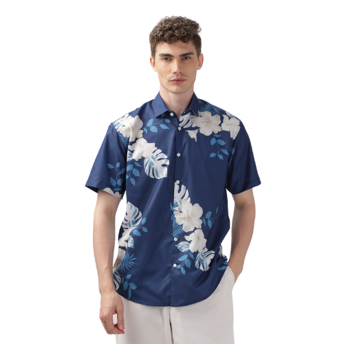 Blue With White Leaves Half Sleeve Printed Shirt For Men