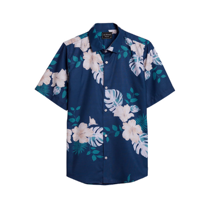 Blue With White Leaves Half Sleeve Printed Shirt For Men
