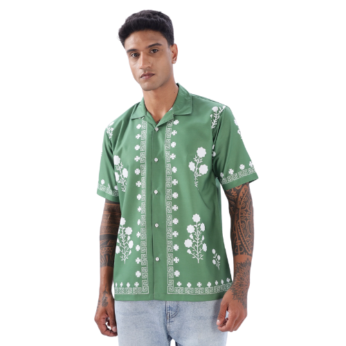 Green Border Printed Camp Collar Short Sleeve Shirt