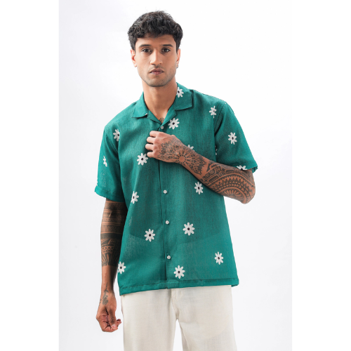 Green Flower Printed Linen Shirt