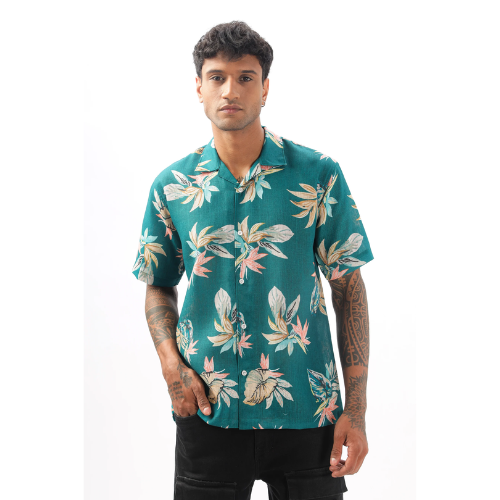 Green Tropical Printed Linen Shirt