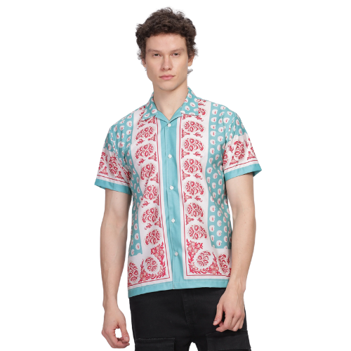Green Paisley Frame Printed Half Sleeve Shirt