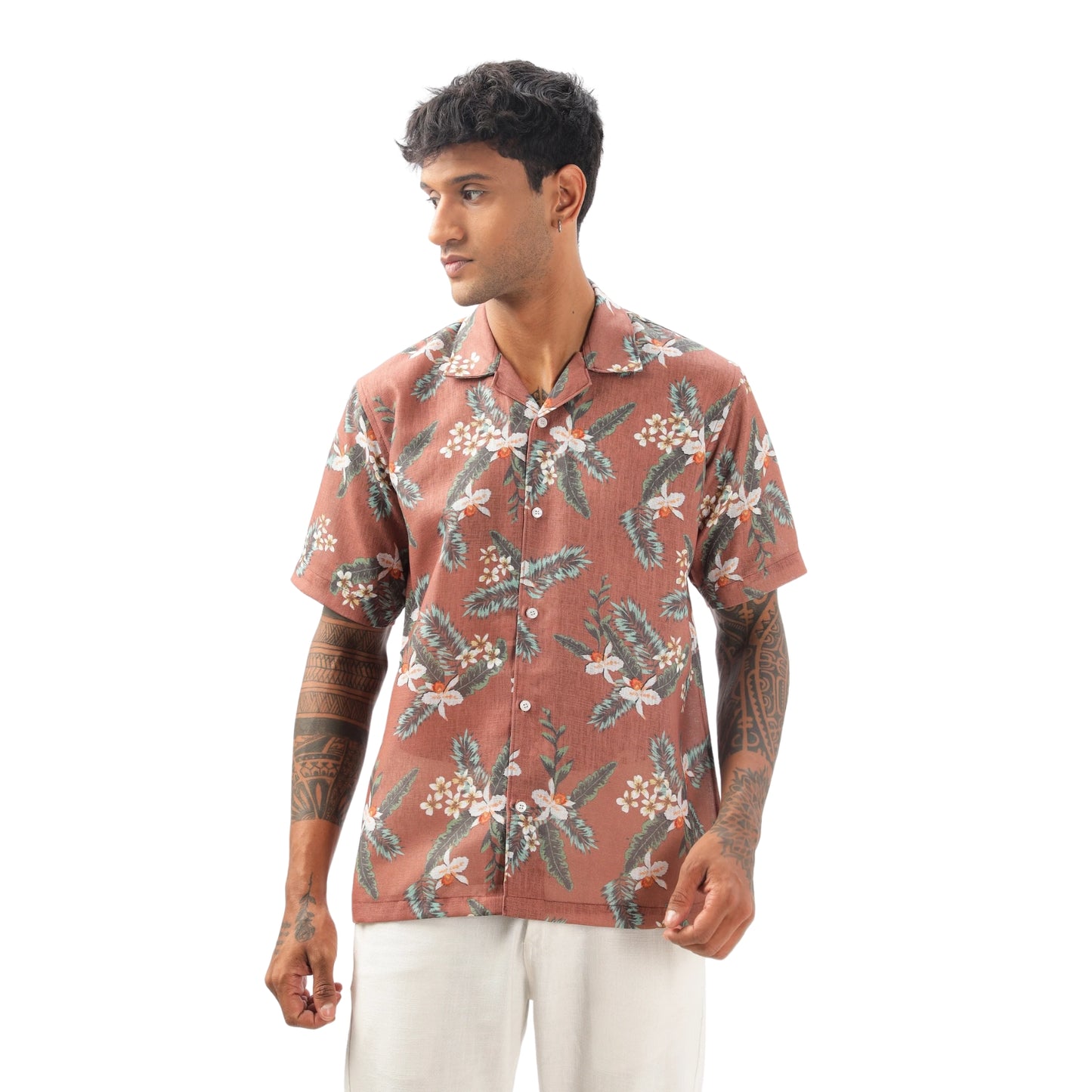 Brown Floral Printed Linen Shirt