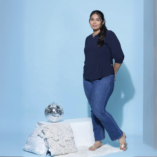 Navy Blue Polyester Blend Plus Size Top with Round Neck