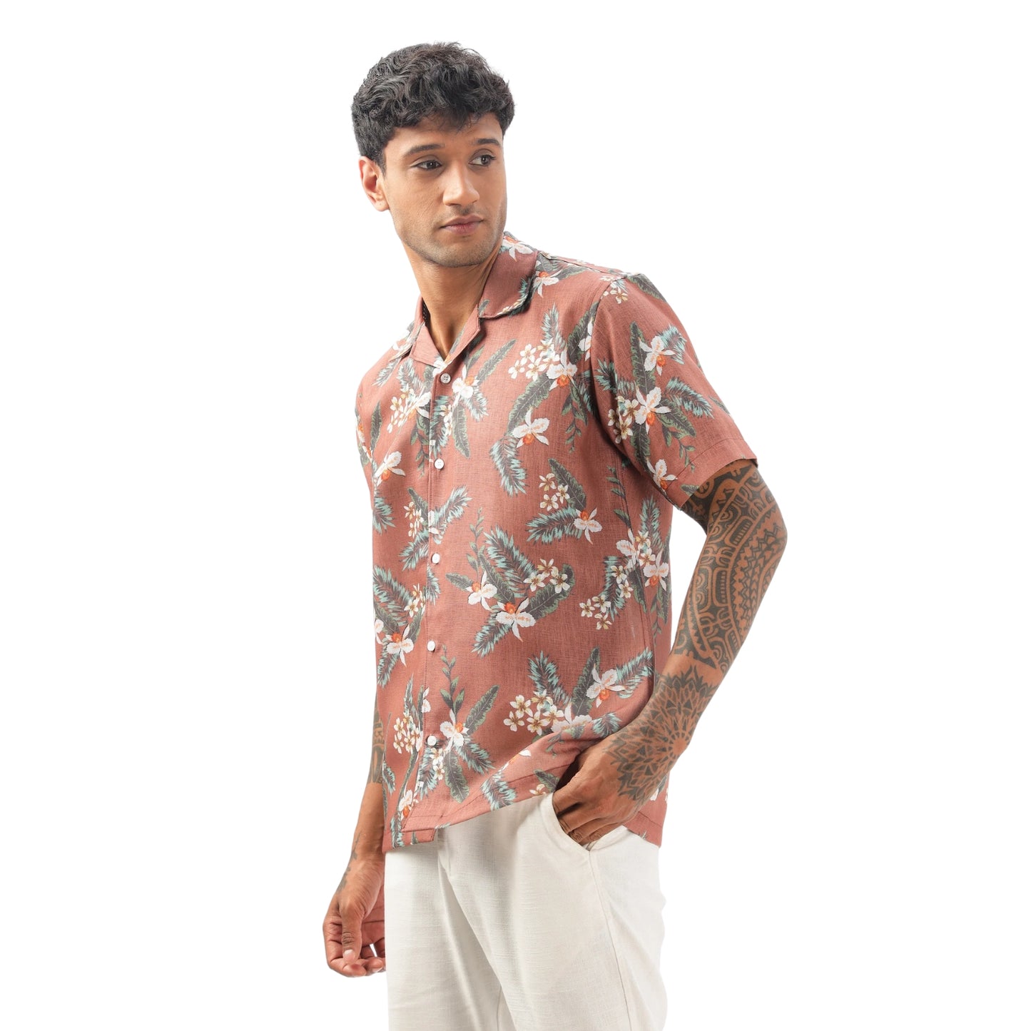 Brown Floral Printed Linen Shirt