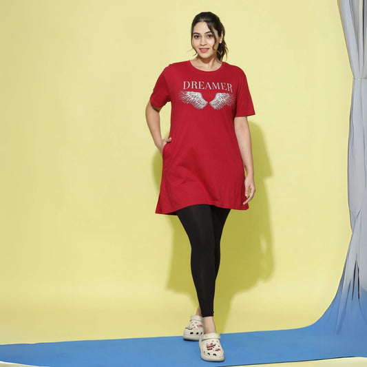 Red Cotton Long T-Shirt for Women Designed for Comfort and Style