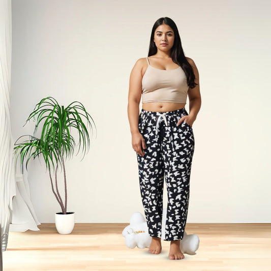 Ribbon Black Abstract Printed Palazzo Pants for Women with Pockets