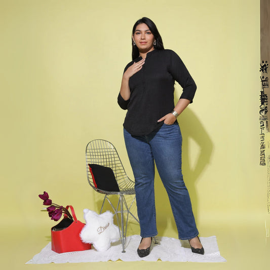Black Cotton Blend Plus Size Top with Mandarin Neck