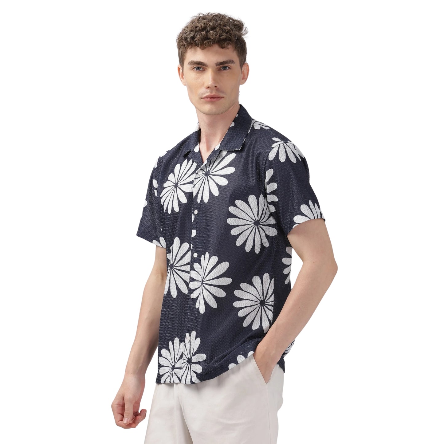 Navy Floral Printed Textured Shirt