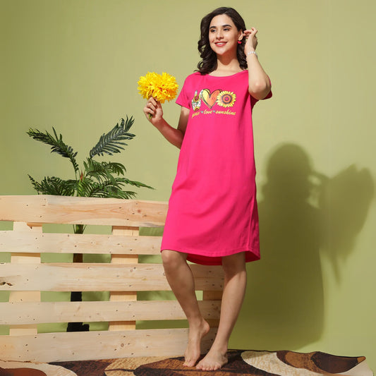 Cozy Cotton Rani Pink Printed Short Nighty for Comfortable Sleep