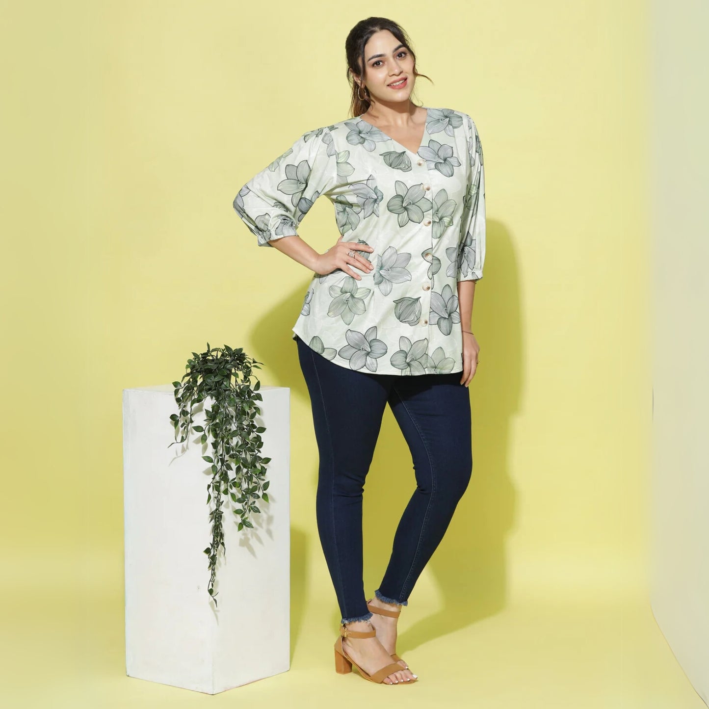 Mint Green Cotton Blend Plus Size Top with V Neck