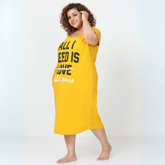 Vibrant Fire Yellow Cotton Printed Short Nighty for Women