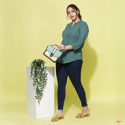 Green Premium Cotton Blend Plus Size Top with Fancy Mandarin Neck