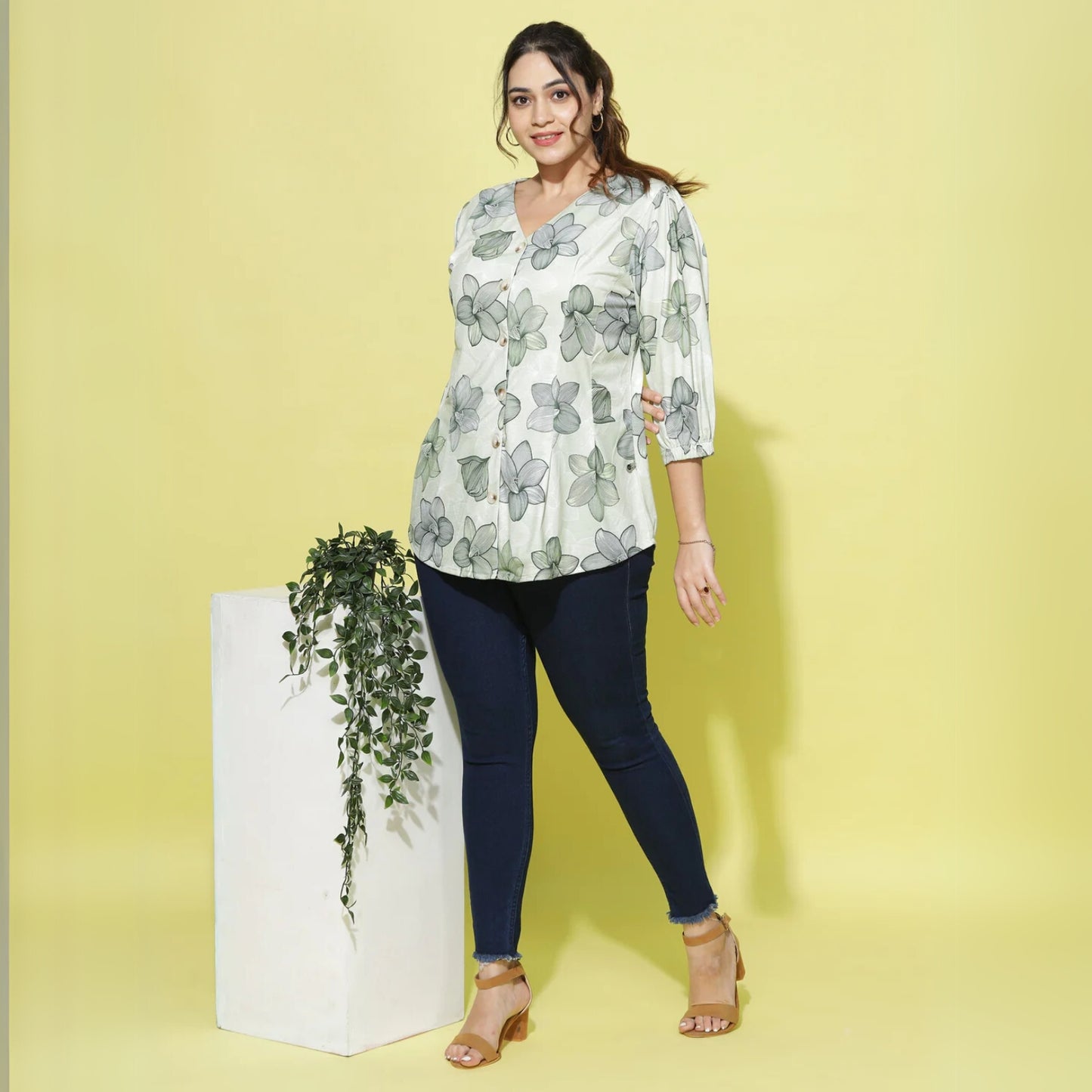 Mint Green Cotton Blend Plus Size Top with V Neck