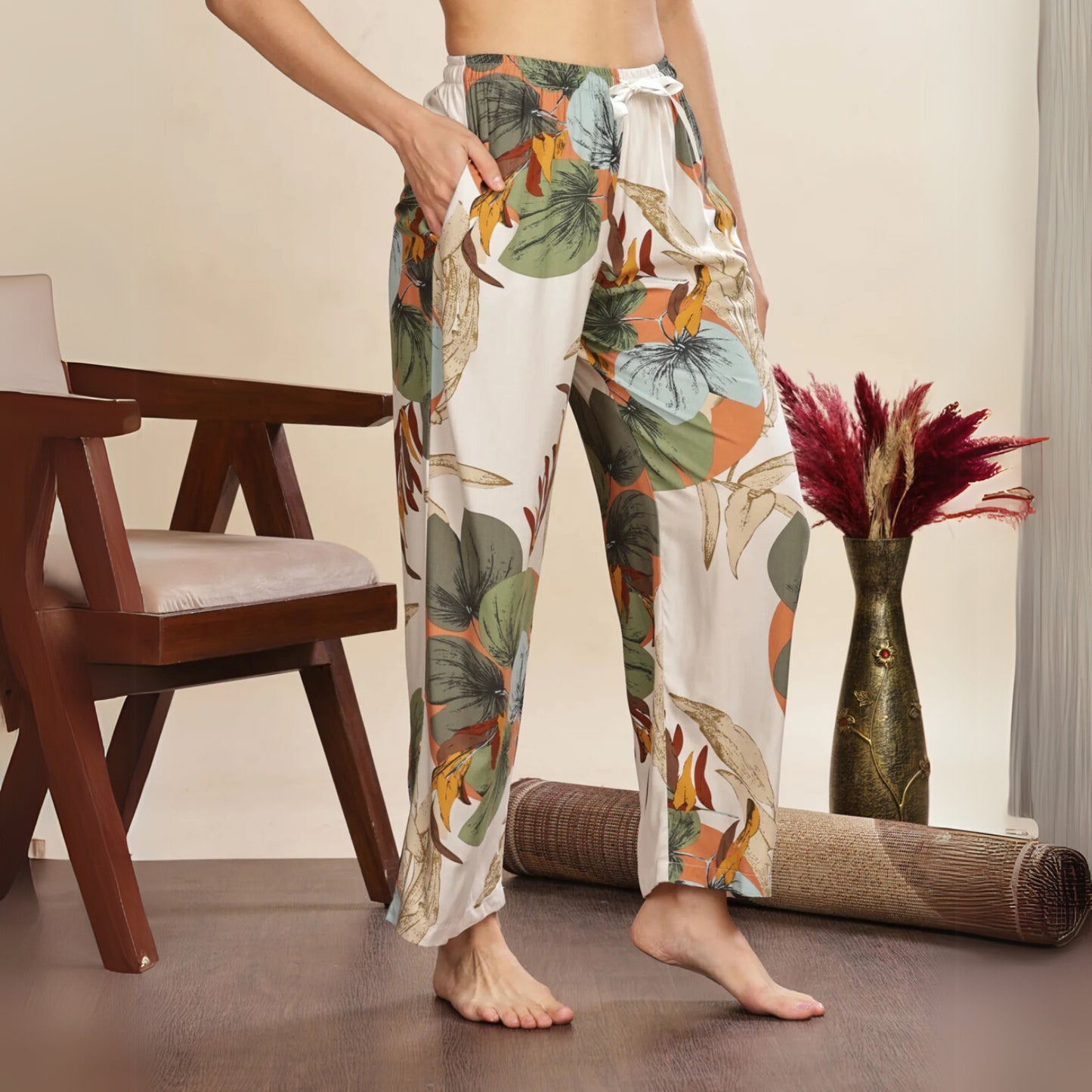 Forest White Printed Palazzo Pants for Women with Comfortable Fit