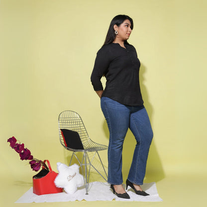 Black Cotton Blend Plus Size Top with Mandarin Neck