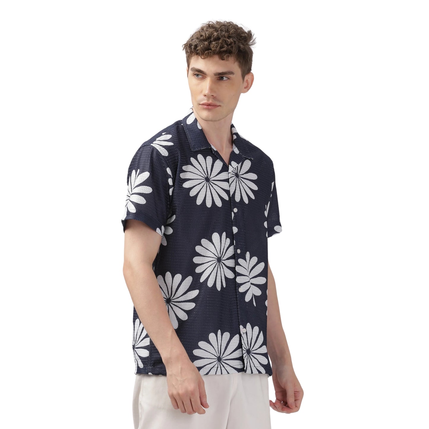 Navy Floral Printed Textured Shirt