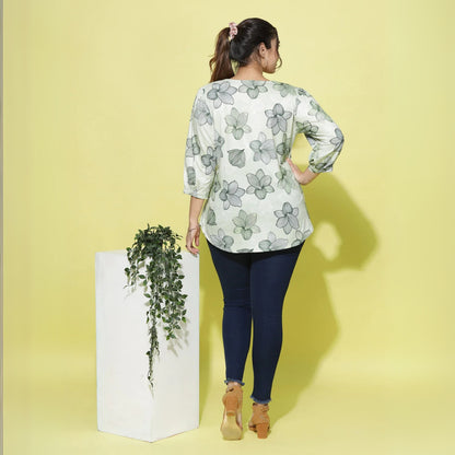Mint Green Cotton Blend Plus Size Top with V Neck