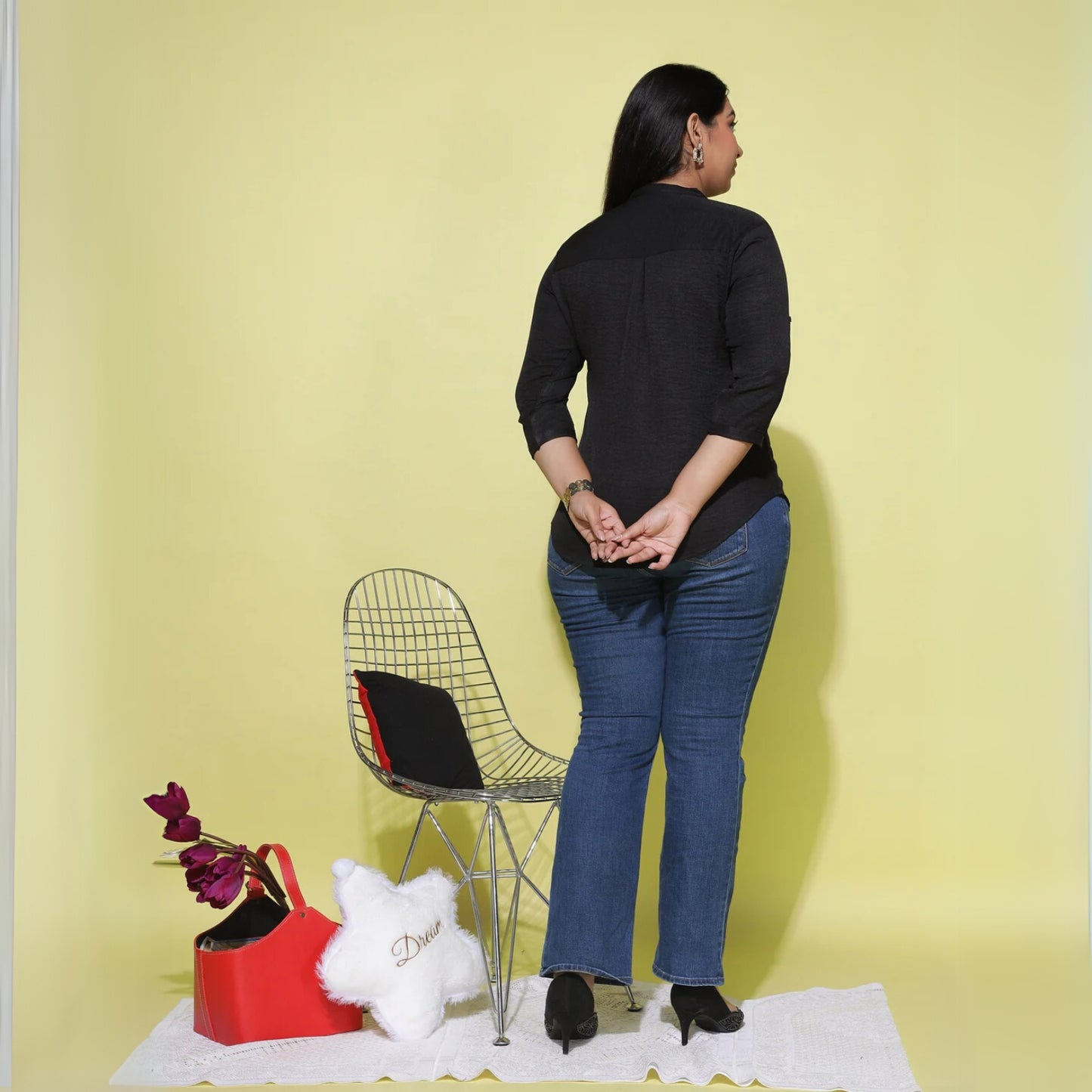 Black Cotton Blend Plus Size Top with Mandarin Neck