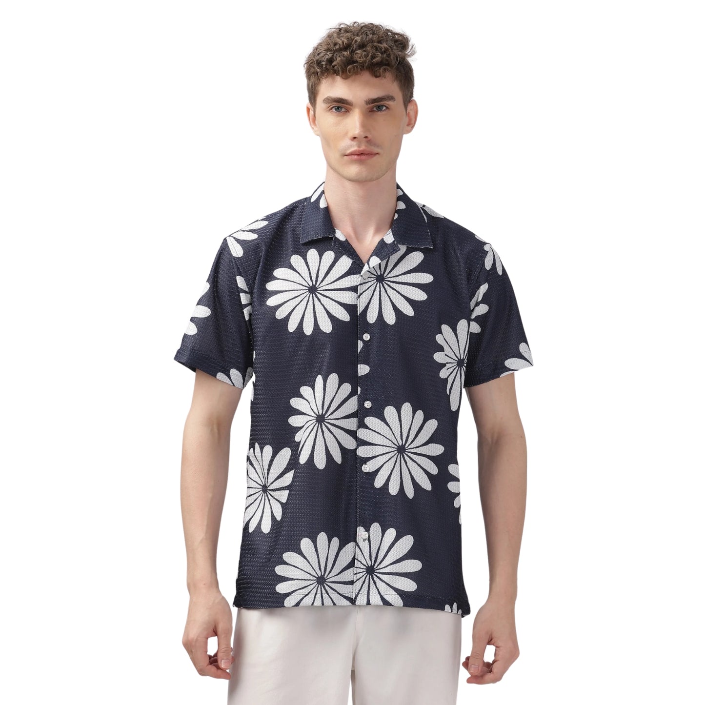 Navy Floral Printed Textured Shirt