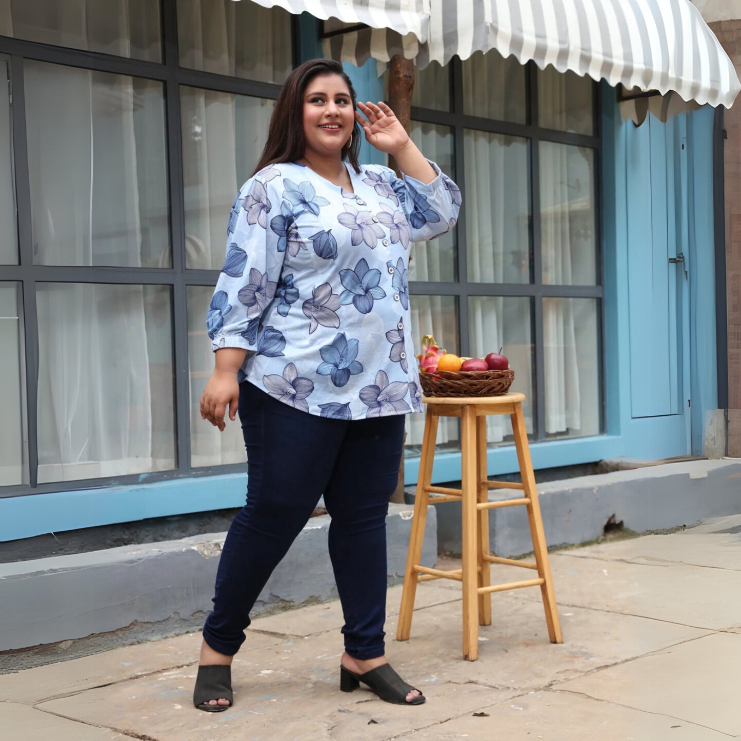 Blue Premium Cotton Blend Plus Size Top with V Neck